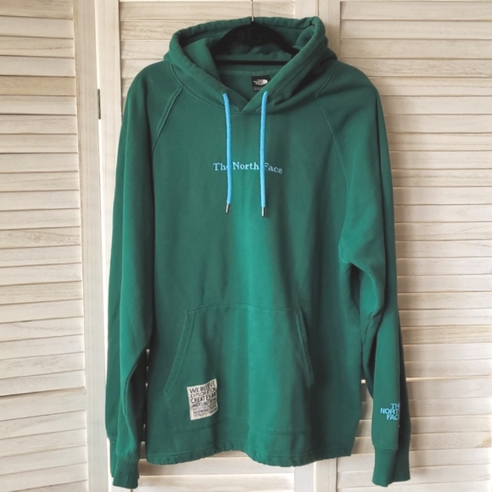 The North Face Green Hoodie with Blue Drawstrings
